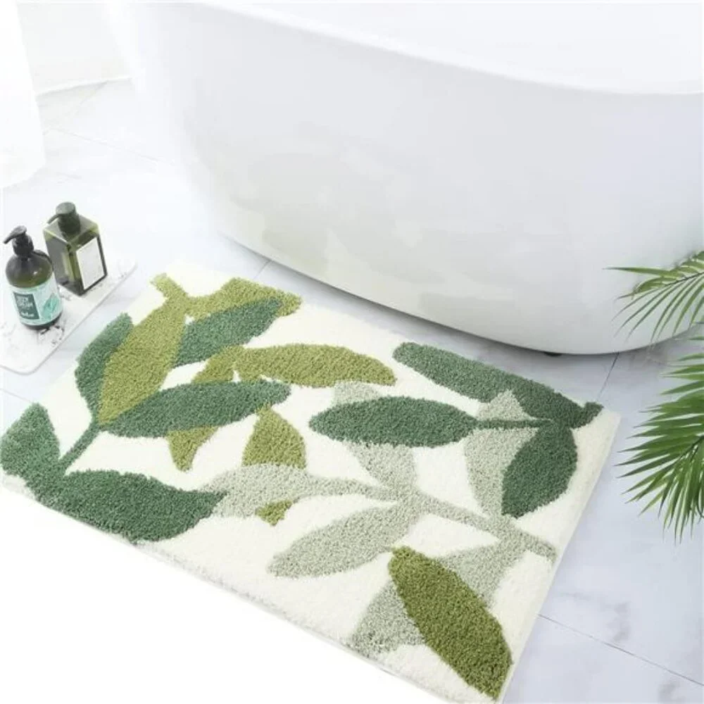 Green leaf bathroom rug non slip absorbent soft washable microfiber bath mat 16x